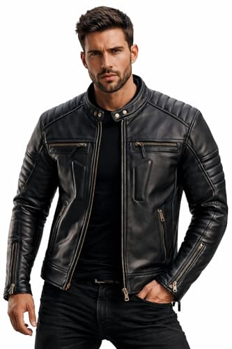 BTR BORN TO RACE Men's Motorbike Leather Jacket Distress Zip Up Bikers Riding Protection Motorcycle Leather Jackets (US, Alpha, 5X-Large, Regular, Regular, Natural Black-Jacket)