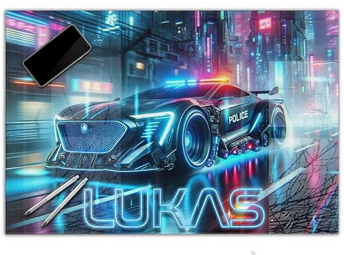 Gaming Schreibtischunterlage personalisiert mit Namen | wasserfeste Schreibunterlage, abwischbar, hochwertiges Acrylglas, Gamer Teenager Kunststoff | 60x40cm Polizeiauto
