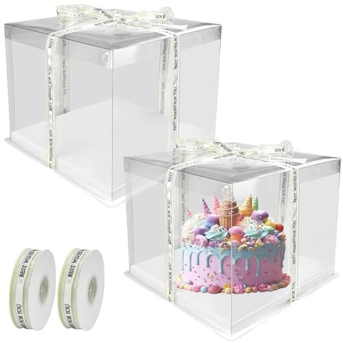 REFORUNG 2 Stück Transparente Kuchenbehälter 8 inch Cake Box mit Deckel Tortenschachtel Tortenkarton Tortenbox Transparente Geschenkbox Doppelschicht Kuchenbox mit Band für Geburtstag Dessert, Weiß