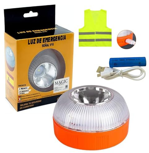 MAGIC SELECT Luz de Emergencia V16 para Señalización en Carretera de Coche y Moto. Luz Amarilla Intermitente y Blanca Fija de Encendido Automático, Base Imantada y Recargable con Chaleco Reflectante