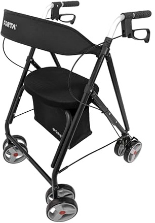 Forta Drakon 2 - Andador ligero y plegable para personas mayores - Con asiento, regulable en altura, freno de mano, para uso en exteriores - Capacidad de carga hasta 130 kg (Negro)