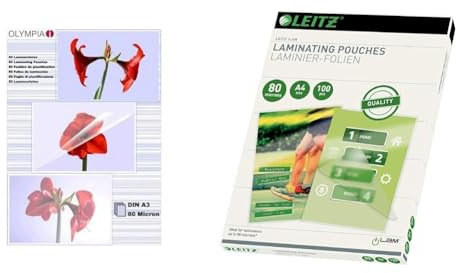 OLYMPIA Folienset 80 Mikron A3 50 Stk & Leitz Heißlaminierfolien A4 80 mic, Hochwertige Laminierfolien im 100er Pack