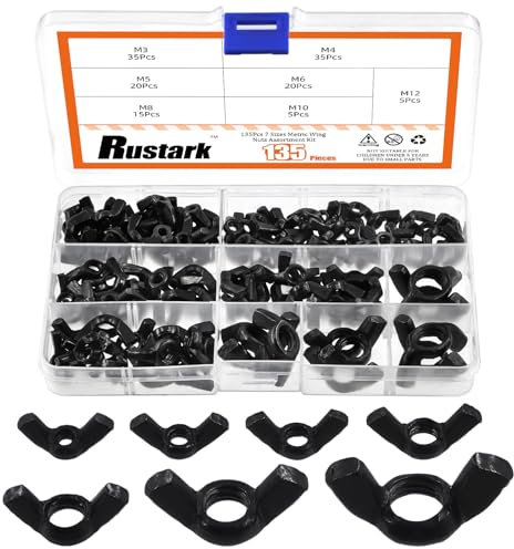Rustark Kit di 135 dadi ad alette a farfalla neri M3 M4 M5 M6 M8 M10 M12 dadi ad ali a farfalla metrici in acciaio al carbonio dadi ad alette per macchine industriali