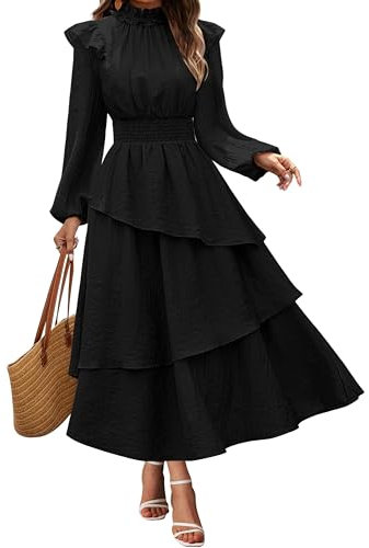 GRACE KARIN Casual Dresses for Women Long Sleeve Midi Dress Crew Neck Wedding Guest Dresses A Line Party XL Black-1