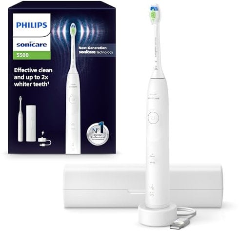 Philips Sonicare 5500 elektrische Zahnbürste, Schallzahnbürste mit 2 Putzmodi, Andruckkontrolle, EasyStart, SmarTimer und BrushPacer, Weiß, Modell HX7110/02 [Neue Technologie]