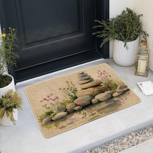 Zen Garden Door Mat, Beige Calming Stones Doormat for Outdoor & Indoor Entrance Serenity Decor, Rubber Waterproof Non-Slip Dust Absorbent Front Doormat, Easy Clean 29x17 Inch