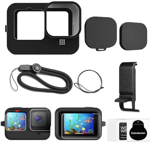 Pikioraz 8 in1 Zubehör-Set für Go Pro Hero12 11 10 9, Silikonhülle/Batterieseitige Abdeckung/Objektivdeckel/Displayschutzfolien/Lanyard, Zubehör für Go Pro Hero