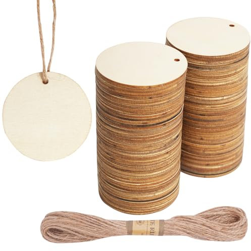 DLUSZERT 120 Stück 50MM Runde Holzscheiben zum Basteln mit Loch, Blanko Holzanhänger Rund Holzkreise mit Loch, Unvollendete Holzplättchen Runde Naturholzscheiben für DIY Handwerk Streudeko Hochzeit