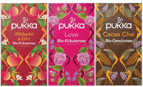 Pukka - Bio-Kräutertee Freude & Liebe - Tee Mix - 60 Teebeutel (20 x Wildapfel & Zimt, 20 x Love, 20 x Cacao Chai)