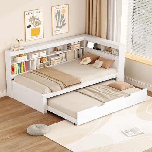 Dolamaní Holz Einzelbett 90x200 cm, Tagesbett mit ausziehbares Bett/Einlegeböden/Ablagefächern,Stauraumbett Ohne Matratze (Weiß A)
