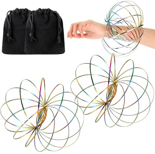 2 Stück Durchflussringe Spielzeug, Zaubertricks Bunt Geometrischer Spiel Anti stress Spielzeug Flow Armband 3D Arm Edelstahl Spirale Multisensorisch Pädagogisch Interaktiv für Tägliche Freizeit
