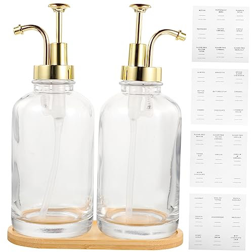 ELAYARD Glass Coffee Syrup Dispenser Bottle Set Pump and Tray, Gold Multi-use Glass Syrup Pourer for Coffee Bar and Kitchen, Includes Sticker and Protective Packaging
