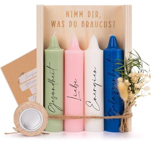 KKSJK Nimm dir was du Brauchst Kerzen, Kerzen Geschenkset mit Holzbox, Kerzenhalter und Trockenblumen, Geburtstag Geschenkidee für Frauen, Wunscherfüller - Liebe, Energien, Gesundheit, Gelassenheit