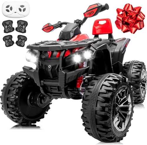 24V 2 Seater Ride on Car for Big Kids, MOEYURO 4x4 Kids Quad ATV 800W Powerful Engines, 9AH Battery Powered Electric Vehicle w/Pull Bow, Kneepads, Bluetooth Music for Boys Girls, Red