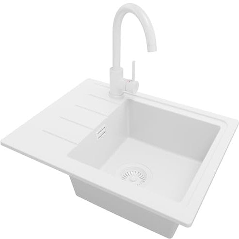 PRIMAGRAN Fregadero Granito Todo Blanco 55x44cm, Cocina 1 Seno + Grifo 32x20cm + Sifón, Sobre encimera al mueble 45cm - Copenhague Easy S012