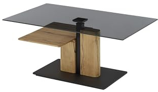 möbelando Couchtisch >DELMAS< 105x45-63x65 cm – rechteckig, Glasplatte grau, höhenverstellbar mit Lift, Eiche massiv geölt, Ablage, Rollen, modern, stabil, zerlegt geliefert