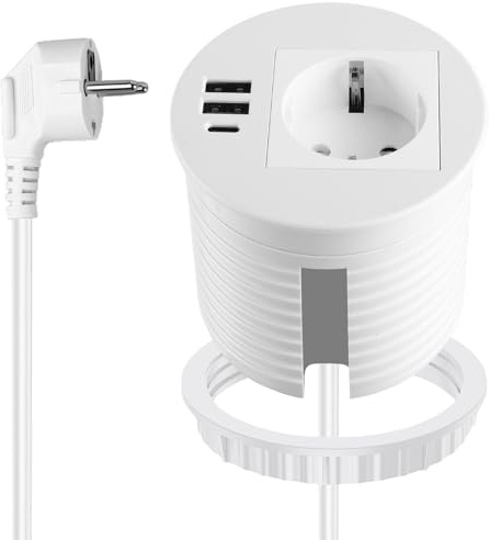 BAIFULAI Enchufe empotrable con USB, regleta para orificio de mesa de 80 mm, enchufe de escritorio con 1 socket, 2 puertos USB-A, 1 conector USB-C y cable de alimentación de 1,7 m, enchufe empotrable