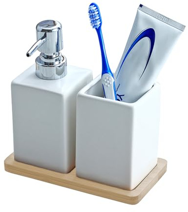 Bathroom Soap Dispenser Set – Ceramic Soap Dispenser and Toothbrush Holder with Bamboo Tray, 3-in-1 White Bathroom Accessory Kit