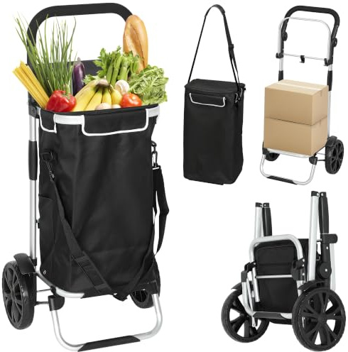 HOMCOM 3-in-1 Einkaufstrolley Klappbar 40L bis 25kg Kühlfach Schwarz | Einkaufswagen, Sackkarre, Umhängetasche, Treppensteiger, Belastbarer Trolley