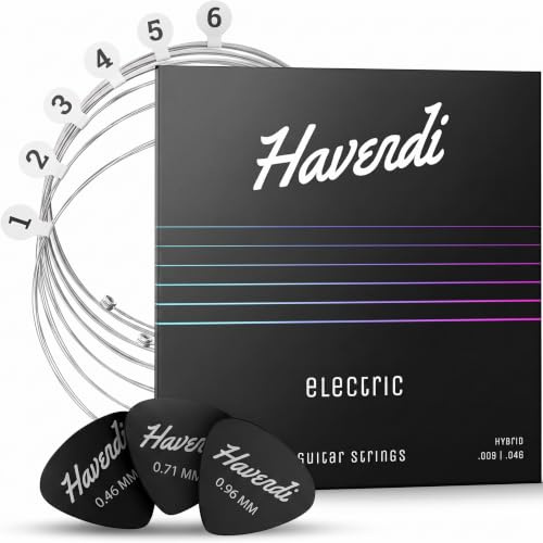 Havendi Corde per chitarra elettrica 09-46 suono brillante calibro ibrido con rivestimento in nichel (set da 6 corde) incl. 3 plettri