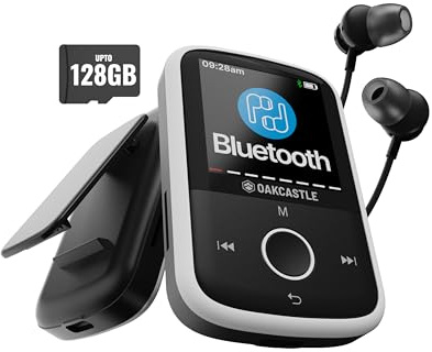 Oakcastle MP250 Bluetooth MP3 Music Player with Sports Clip, 16GB Memory | Included Wired Earphones | Expandable by 128GB | HD Colour Screen, 34 Hours Battery Life | SD Card Slot & USB-C Charging