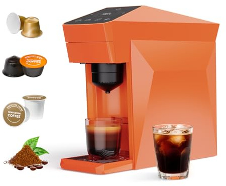 BENFUCHEN Máquina de café 4 en 1 desechable, 19 bar para cápsulas KCup Capsules/Nespresso OriginalLine/Dolce Gusto/Ground Coffee, naranja vibrante