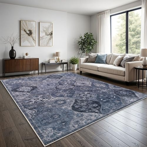 TT Home Boho Vintage Teppich Wohnzimmer Kurzflor - Retro Design, rutschfest & pflegeleicht, modern für Esszimmer & Flur Waschbar, Farbe:Blau, Größe:120x160 cm