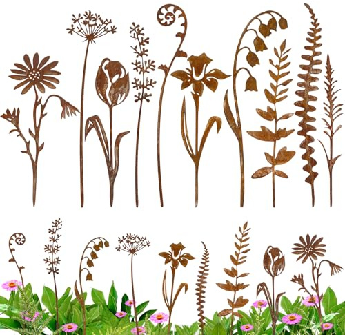 10er Gartenstecker Metall Rost, Wetterfeste Gartendeko Blumen für draußen | Gartendeko Rost, Garten Deko Draußen zur Dekoration von Rasen, Terrassen, Höfen, Parks, Ästen