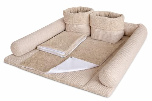 Wickelauflage Set 6-teilig – Wickelunterlage aus Waffelstoff & Frottee mit Druckknöpfen – Baby Wickelauflage – Wickeltischauflage – 75x70 cm (Breite x Tiefe), Altbeige