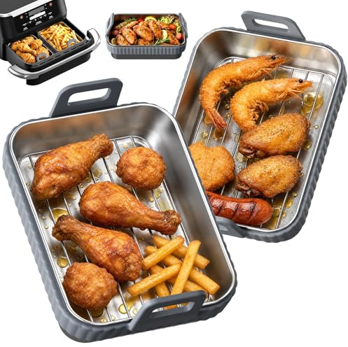 SON4SUN Lot de 2 Plats Air Fryer en Acier Inoxydable pour Ninja | Compatible avec Ninja AF400EU, AF500EU, DZ400EU et Cosori, Anneau en silicone amovible, Réutilisable, Passe au lave-vaisselle
