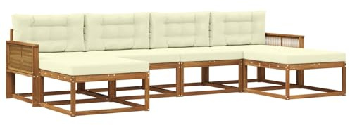 vidaXL Outdoor-Sofagarnitur mit Kissen 6 pcs Natur und Creme, Moderne Akazien-Gartenmöbel, wetterfester Sofa-Set, stylische Sitzgelegenheit für Terrasse und Pool