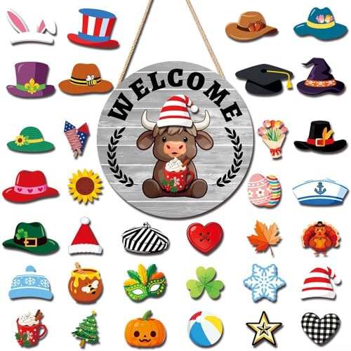 Durashmall Austauschbares Upland Kuh Willkommensschild mit 35 saisonalen Accessoires, rustikale Holz-Türdekoration für Weihnachten, Thanksgiving und ganzjähriges Urlaubsdisplay, 30,5 cm (MZ982A)