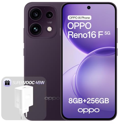 OPPO Reno16 F 5G Smartphone Sbloccato, 8+256GB, Fotocamera Selfie Ultra Grandangolare 50MP, Video con Raddrizzamento, Display 6.57 120Hz, IP69K, Twilight Violet (con Caricatore 45W SUPERVOOC)