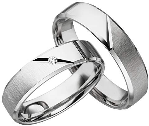 JC Trauringe 925er Sterling Silber I Ehe-Ringe mit kostenloser Gravur I Verlobungsringe 5mm breit inkl. Etui-Box I Herren-Ring ohne & Damen-Ring mit Zirkonia-Stein I Gr. 48 bis 72 I S031