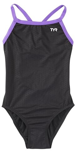 TYR Girls’ Hexa Diamondfit Swimsuit, Black/Purple, 24