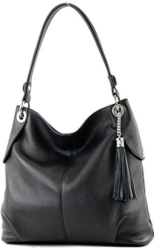 modamoda de T185 Damen Leder Schultertasche Handtasche handmade in Italy, Farbe:Schwarz