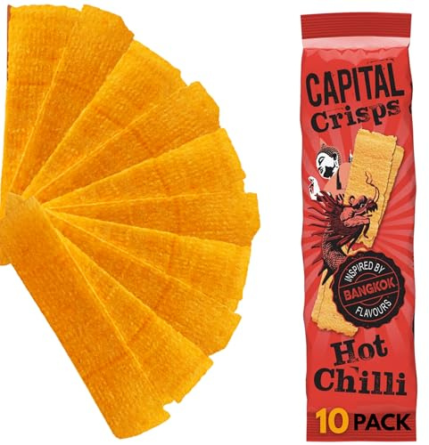 Capital Crisps Bangkok Hot Chilli Pack of 10 x 75g - Elongated Crisps. Multipack Crisps, Vegetarian Snacks, Healthy Snack