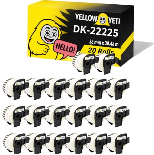 Yellow Yeti 20x DK-22225 38mm x 30.48m Endlos-Etiketten kompatibel für Brother P-Touch QL-500 QL-550 QL-560 QL-570 QL-700 QL-710W QL-720NW QL-800 QL-810W QL-820NWB QL-1050 QL-1060N QL-1100 QL-1110NWB
