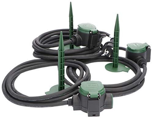 Garten-Verlängerungskabel IP44 10m mit 3 Steckdosen alle 2,5 m inkl. 3x Erdspieß ideal als Stromversorgung der Gartenbeleuchtung