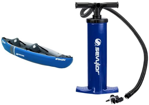 Sevylor Kanu aufblasbar Adventure - 2 Personen Faltkajak, Kanadier, 314 x 88 cm & Sevylor 2000019887 manuelle Luftpumpe, blau, 2 x 2 Liter (46 x 22 cm)
