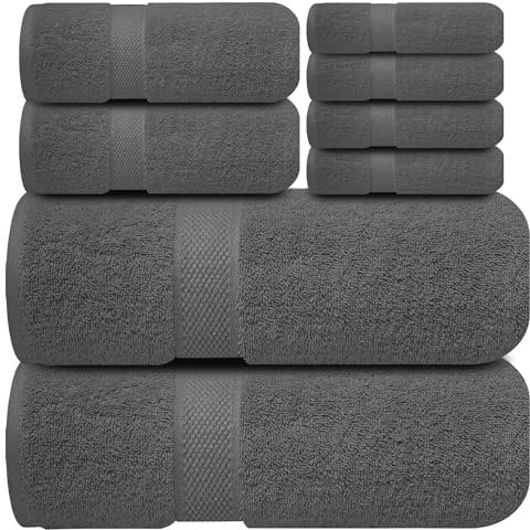 Infinitee Xclusives Premium Bath Towel Set 8-Piece (2 Bath Towels, 2 Hand Towels, 4 Washcloths), Super Absorbent Soft 100% Ring-Spun Cotton for Spa, Gym, Hotel & Bathroom |Shadow Grey|