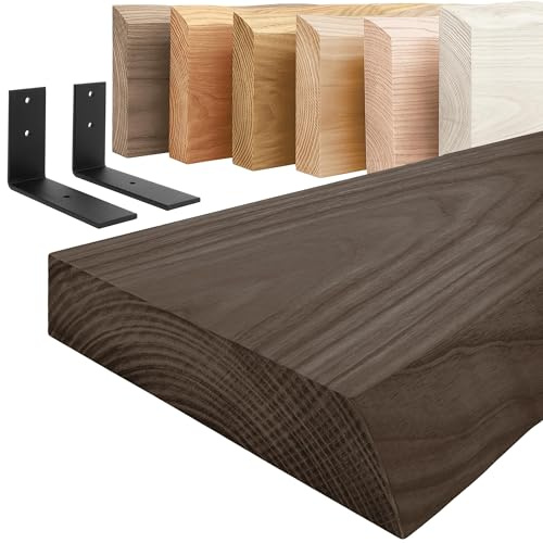 LAMO Manufaktur Holzregal mit schwarzen L-förmigen Halterungen | Wand Regal 50cm breit für Badezimmer, Flur, Küche im Industrial-Stil | Farbe: Schwarz, Kante: natürlich | Massivholz, Vintage-Charakter