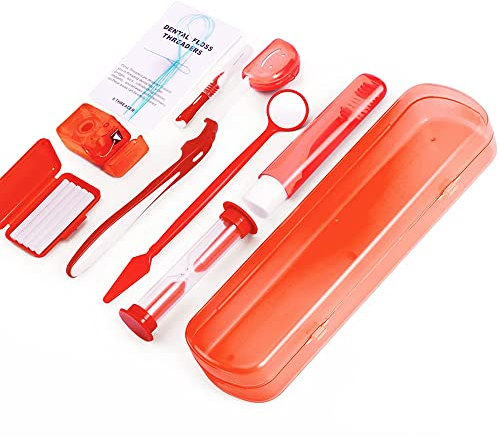 ZKSMNB Kit de soins orthodontiques - Kit de nettoyage orthodontique portable - Brosse en V - Brosse interdentaire - Brosse dentaire - Fil dentaire - Cire dentaire - Kit de voyage - 8 pièces - Rouge