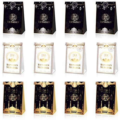 XINDY 12 Stück Schwarz Gold Ramadan Tüten Papiertüten Eid Mubarak Geschenktüten Ramadan Geschenktüten Ramadan Mubarak Tüten Süßigkeiten Tüten Bayram Tüten mit Aufkleber für Islam Party Ramadan Deko