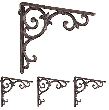Relaxdays Équerre étagère Murale, Lot de 4, Ancien, Support en Fonte de Fer, Ornements baroques, Marron
