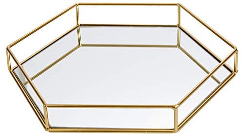 Hexagon Gold Decorative Mirror Tray Serving Platter (Large 34cm x 30cm x 5cm)