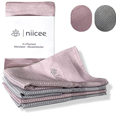 | niicee 4 x Premium Microfaser Allzweck-Reinigungstücher ohne Putzmittel für Streifenfreien Glanz im Haushalt, Büro, Auto sowie für Fenster, Glas, Spiegel und vieles mehr