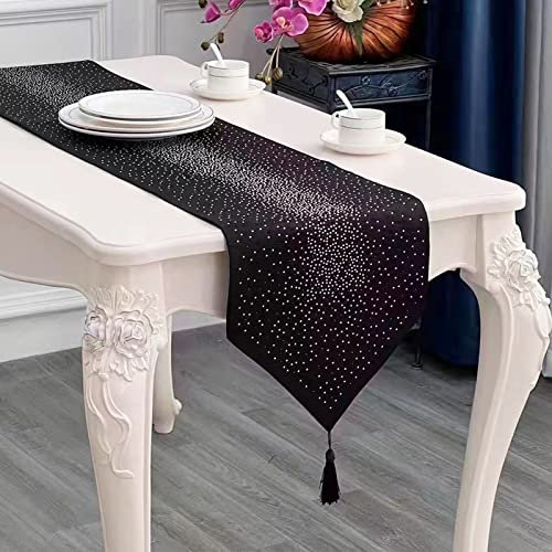 Deggodech Schwarz Tischläufer mit Quaste 33 x 210 cm Lang Modern Glitter Tischläufer Diamant Table Runner für Küchentisch, Kaffeetisch, Kommode,Weinschrank Dekoration (210cm, Schwarz)