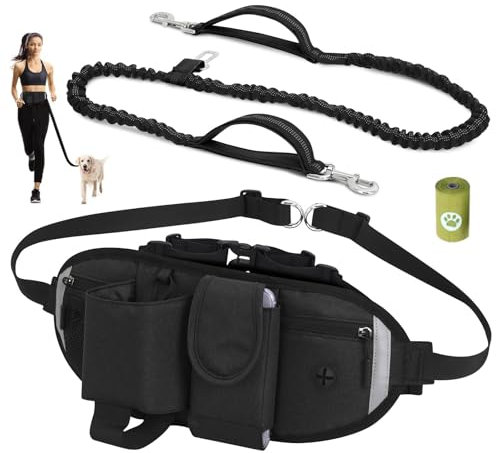 VOBUKE Laisse pour Chien Main Libre, Élastique Absorption de Choc Ceinture Chien Jogging avec Sac Banane Réglable Coutures Réfléchissante Laisse Chien Main Libre (Noir)