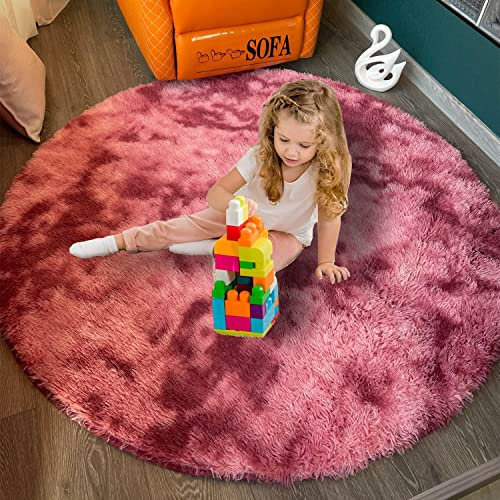 Shaggy Hochflor Teppich Rund für Kinderzimmer Wohnzimmer Schlafzimmer Langflor Teppich Hochwertig Hohe Pflegeleicht Fadendichte Flauschiger kinderteppich für Kinder Mädchen (rot, Ø 120 cm Rund)